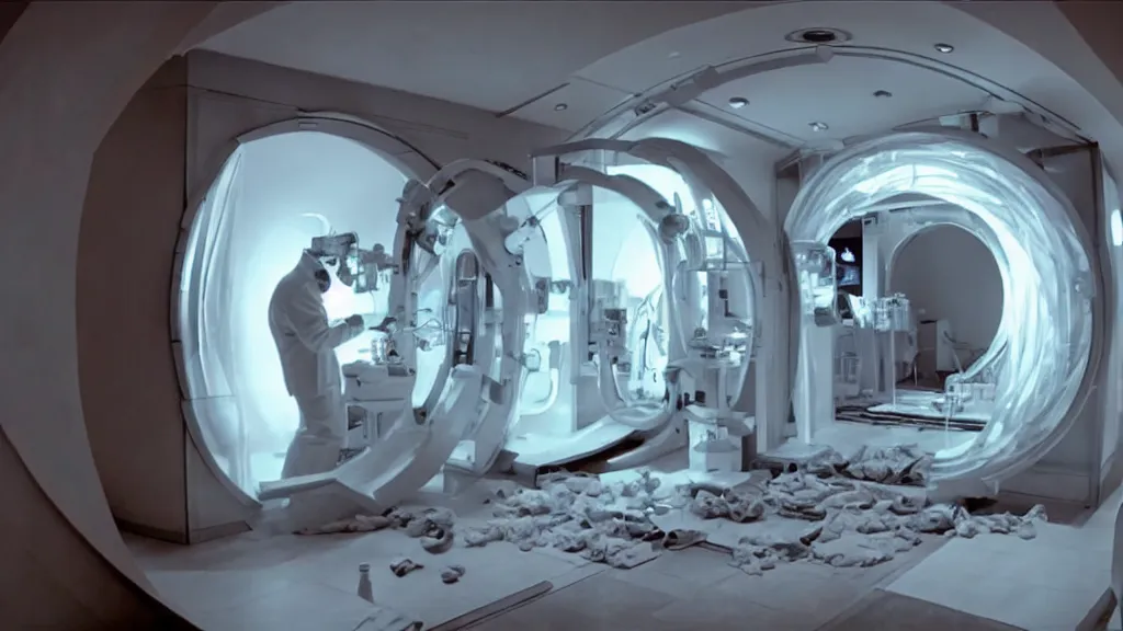 Image similar to an mri image open mri exposed uncovered machine portal in the living room, film still from the movie directed by denis villeneuve with art direction by salvador dali, wide lens