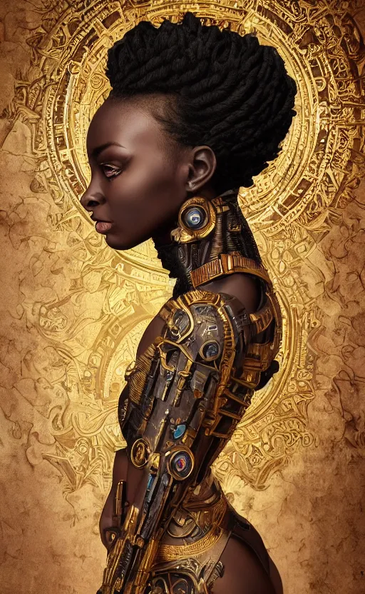 Prompt: beautiful young cyborg queen, african, beautiful dark skin, piercing glowing eyes, elegant, striking composition, ornate royal gown, highly detailed ornate sci fi background, mural in the style of sandro botticelli, caravaggio, albrecth durer, 8k