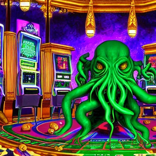 Image similar to digital art of cthulhu playing in a casino, realistic, highly - detailed, artstation cgsociety masterpiece