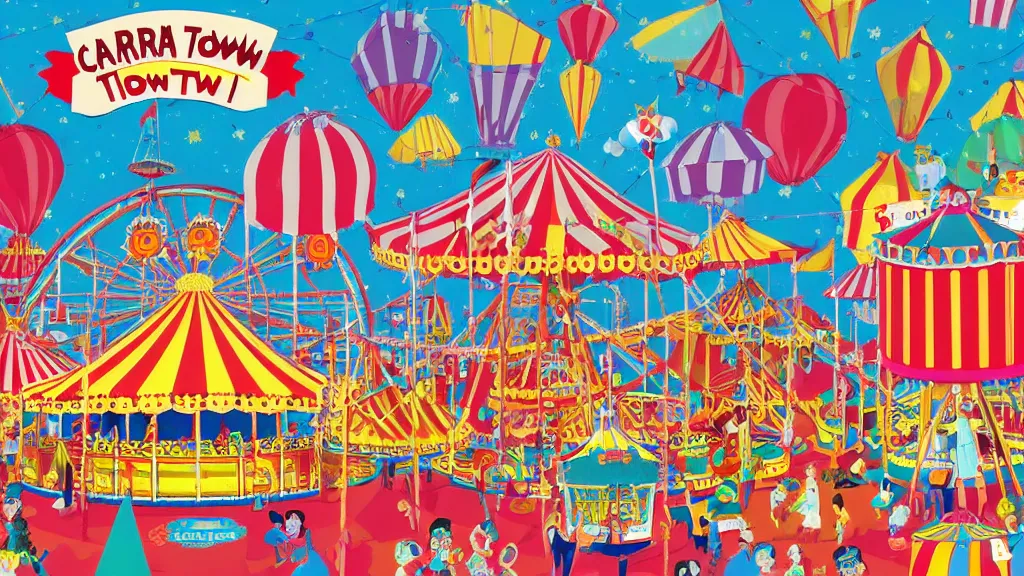 Image similar to carnival town, the horror carnival drawn in the style of a children's book. ferris wheel, circus tent, and carousel. disney style. cutesy, fun, and bright. color harmony, 8 k detail, gallery quality, hd wallpaper, premium prints available, hyper - detailed, intricate design.