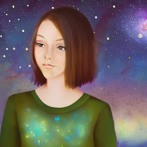 Image similar to an hd photo of a cute young woman with short brown hair and green eyes, beautiful trees in the background, night sky with stars and galaxies, trending on artstation