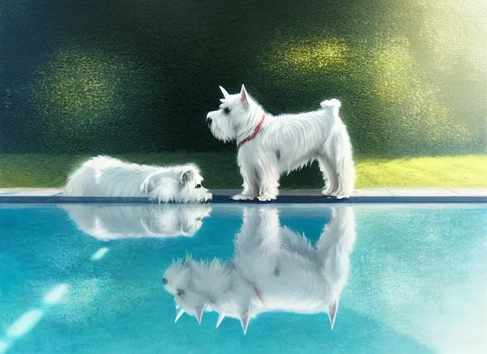 Image similar to west highland white terrier sitting by a pool, bright, reflections, intricate, sharp focus, lens flare, bloom, illustration, highly detailed, digital painting, concept art, matte, art by ruan jia and wlop and greg rutkowski, masterpiece