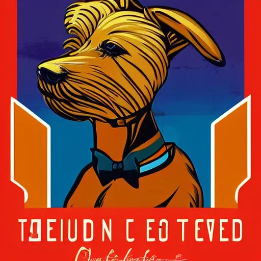 Prompt: retro poster with a painting of a blond terrier standing on a wall, an art deco painting by tom whalen, trending on behance, art deco, digital illustration, storybook illustration, art deco, flat shading, vector art, airbrush