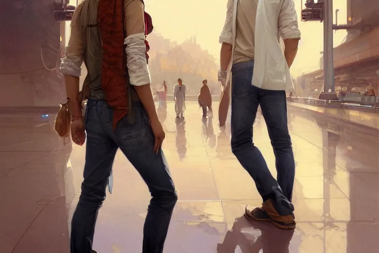 Prompt: Optimistic good looking pale young Indian doctors wearing jeans at the airport, portrait, elegant, intricate, digital painting, artstation, concept art, smooth, sharp focus, illustration, art by artgerm and greg rutkowski and alphonse mucha