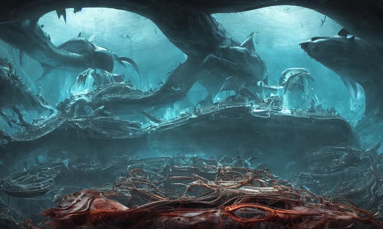 Prompt: the inside of poseidon's lair with poseidon sitting on his throne with mega sharks and bio steampunk jelly fish floating around, ultrarealistic, canon 3 5 mm photography, 8 k, wide view, cinematic view, cinematic, 8 k, digital photo, unreal 5 engine, colored paint, colorful paint, scary style, by atey ghailan, artstation