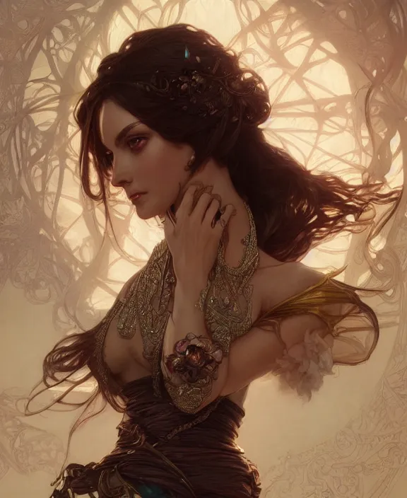 Prompt: portrait of a fantasy woman, d & d, fantasy, intricate, elegant, highly detailed, digital painting, artstation, concept art, art by artgerm and greg rutkowski and alphonse mucha
