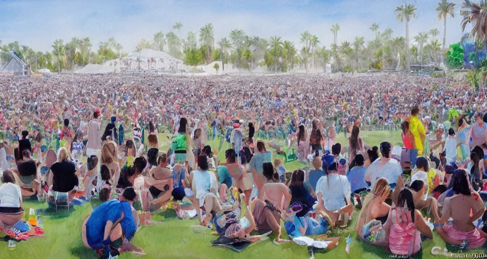 Prompt: a crowd watching a concert at Coachella, painting by Su Hanchen