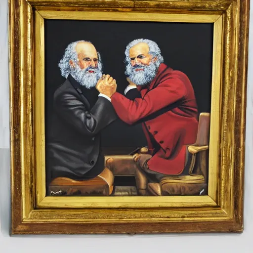 Image similar to oil painting of karl marx and emmanuel macron arm wrestling