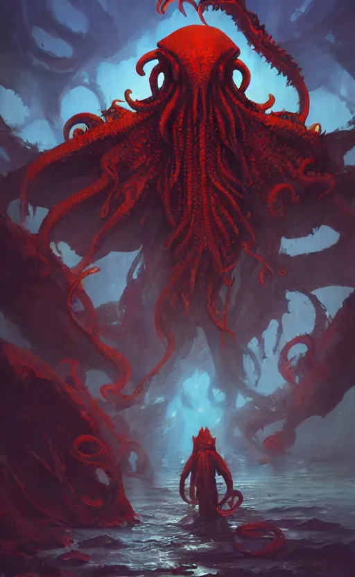 Image similar to a beautiful artwork illustration, cthulhu, high contrast, high saturation, by Greg Rutkowski and Jesper Ejsing and Raymond Swanland, featured on artstation, wide angle, vertical orientation