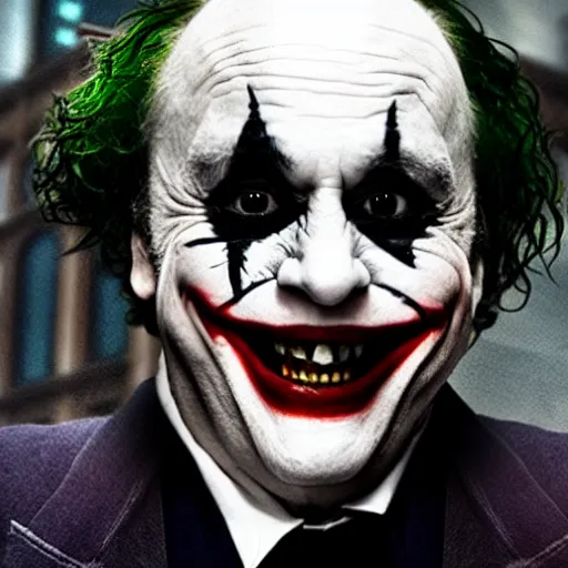 Image similar to Danny Devito as The Joker, still image from Batman movie, shot of face