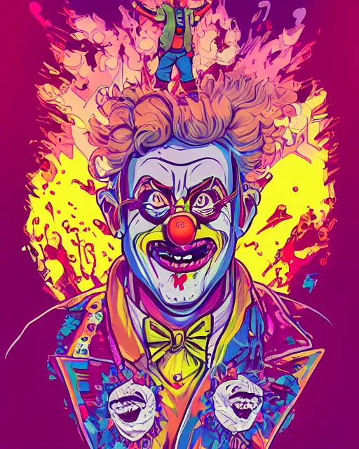 Image similar to a portrait of a clown, video game vector cutout illustration vivid multicolor borderlands comics by josan gonzales and dan mumford radiating a glowing aura