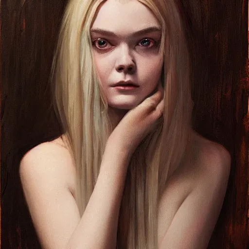Prompt: ultra realistic portrait painting of elle fanning, dark vibes, art by frank frazetta, 4 k, matte painting, organic painting, geometric shapes, hard edges, ultra realistic, highly detailed, epic lighting
