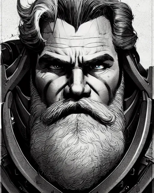 Image similar to reinhardt from overwatch, josh brolin, gray hair and beard, character portrait, portrait, close up, concept art, intricate details, highly detailed, vintage sci - fi poster, retro future, in the style of chris foss, rodger dean, moebius, michael whelan, and gustave dore