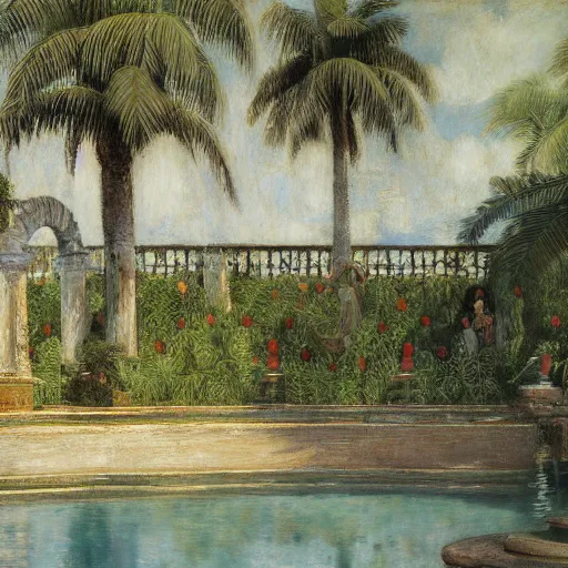 Image similar to a ultradetailed beautiful painting of a old fountain in the amazonas palace balustrade designed by jules bastien - lepage, tarsila do amaral, frank weston and gustave baumann, beach, trending on artstation, mediterranean, palm trees, sharp focus, soft light, 8 k 4 k