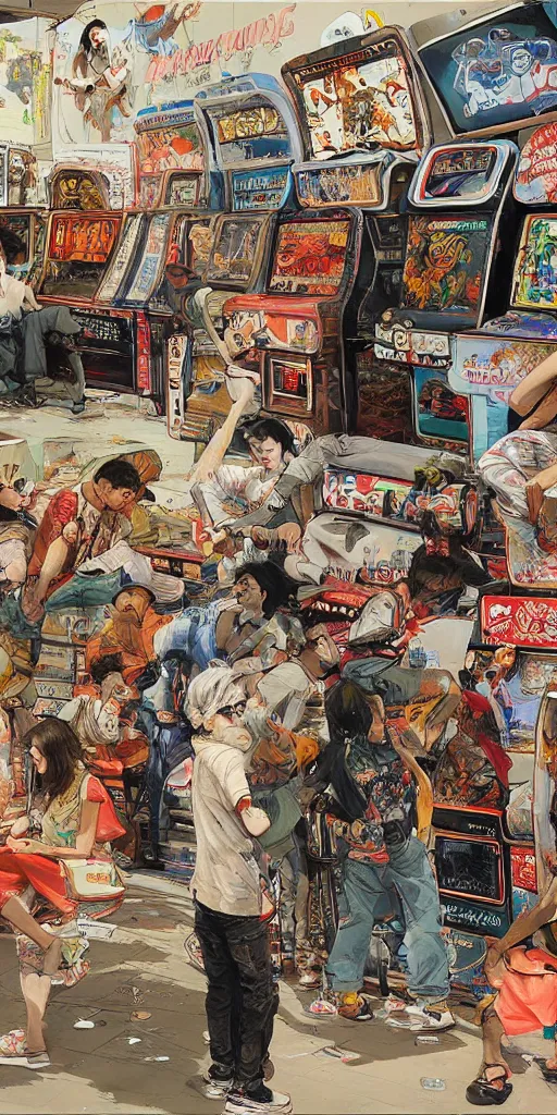 Image similar to oil painting scene from amusement arcade by kim jung gi