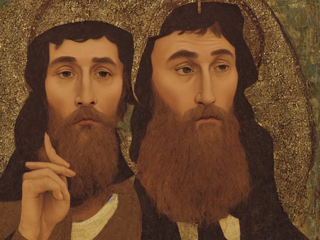 Prompt: close up portrait of hiram keller as medieval poet andrei rublev, painted by andrey remnev
