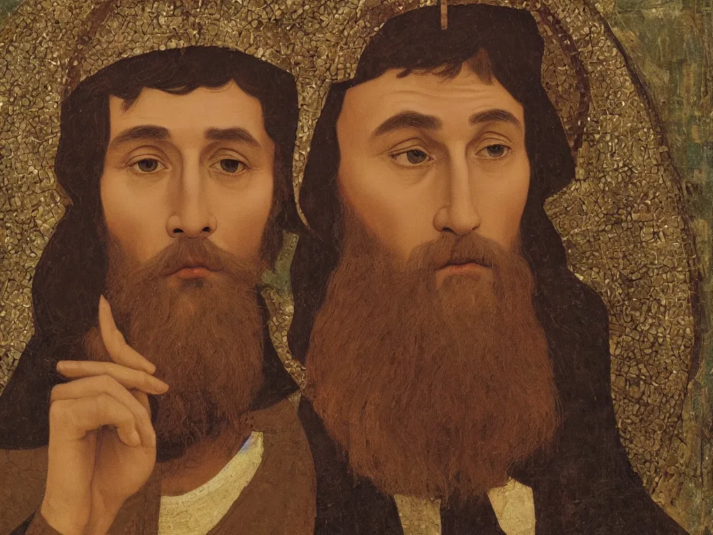 Image similar to close up portrait of hiram keller as medieval poet andrei rublev, painted by andrey remnev