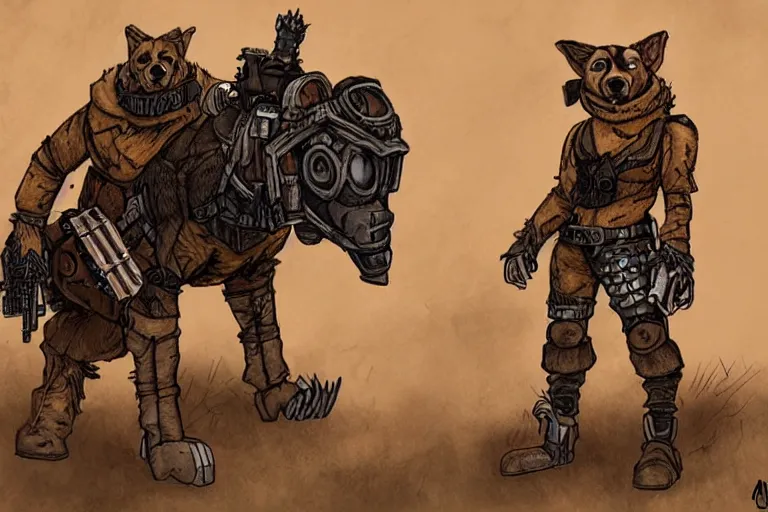 Image similar to a good ol'hound dog fursona ( from the furry fandom ), heavily armed and armored facing down armageddon in a dark and gritty version from the makers of mad max : fury road. witness me.