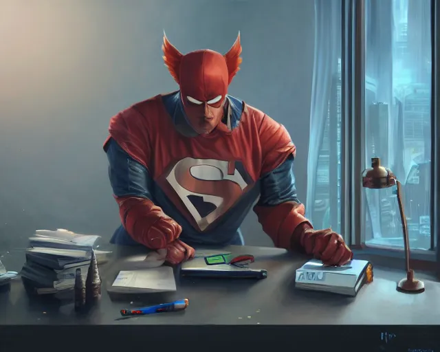 Image similar to an insanely detailed painting of a nerdy asian man wearing a superhero costume, sitting at a desk, staring at the nervously at the computer and typing, in the style of peter mohrbacher, dramatic lighting and composition, octane render, pixar, trending on artstation, concept art, comic book, view from behind