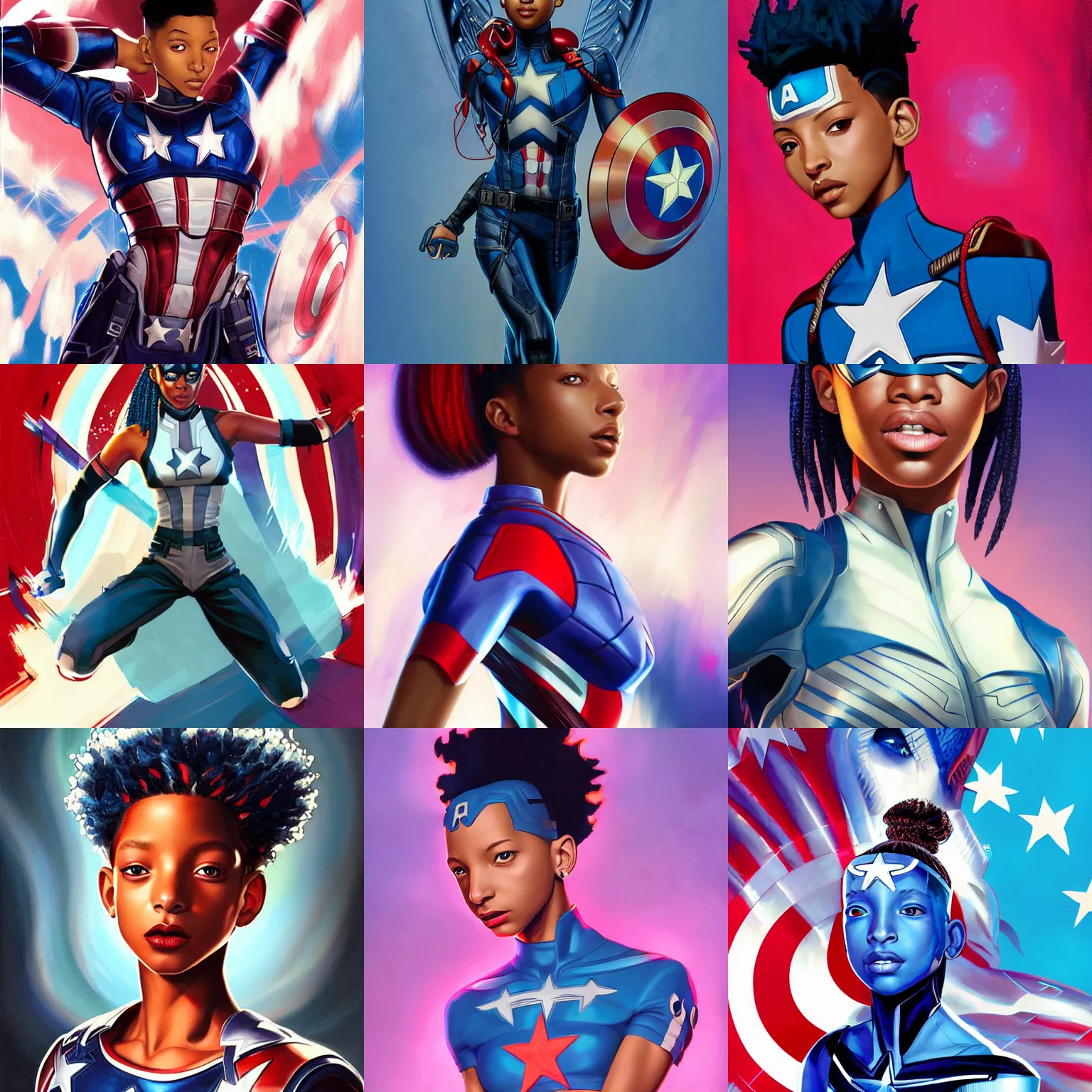 Prompt: a painting of willow smith as captain america by ross tran, artgerm and bruce timm, highly detailed, radiant lighting, intricate environment, deviantart