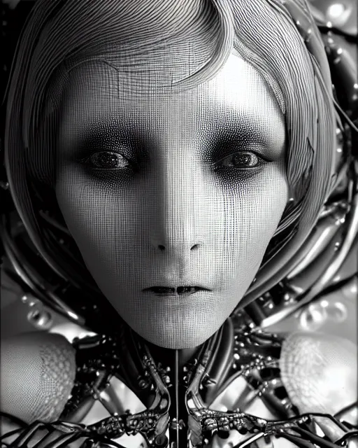 Image similar to mythical dreamy black and white organic translucent bio-mechanical spinal ribbed profile face portrait detail of mechanical beautiful female angelic-snowy-cyborg, highly detailed, intricate crystal jelly steampunk ornate, poetic, 3D render, digital art, octane render, 8K artistic photography, photo-realistic, by Dora Maar