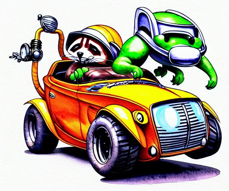 Prompt: cute and funny, racoon wearing a helmet riding in a tiny hot rod plymouth prowler with oversized engine, ratfink style by ed roth, centered award winning watercolor pen illustration, isometric illustration by chihiro iwasaki, edited by range murata, details by artgerm