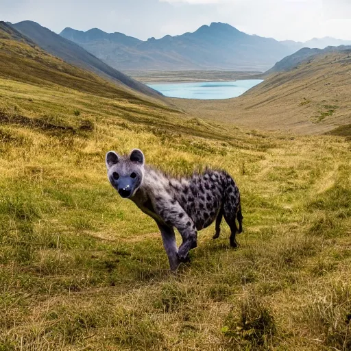Image similar to national geographic photograph, a hyena walking through a pyrenean landscape where there is a lake
