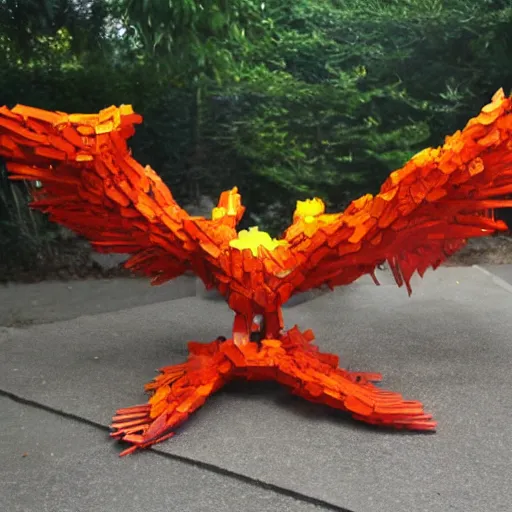 Image similar to abstract, sculpture moltres made of various materials from rainforest of face of artificial intellicgence