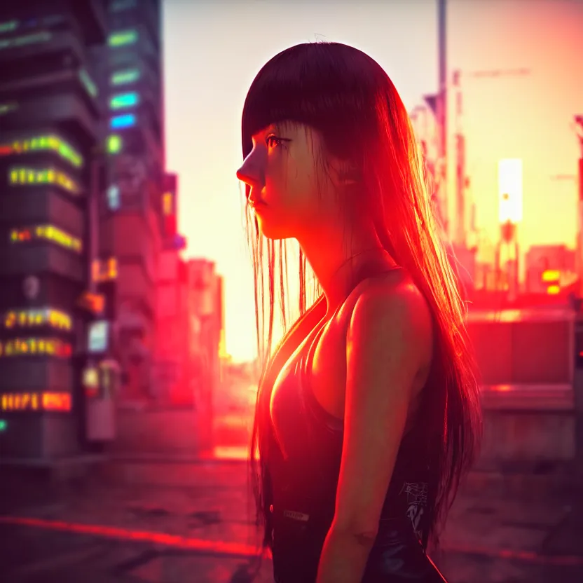 Image similar to a photo close up cyberpunk cyborg girl stands in a cyberpunk hiroshima, prefecture streets, sunset, photorealistic, cinematic lighting, very detailed, style by tomino - sama