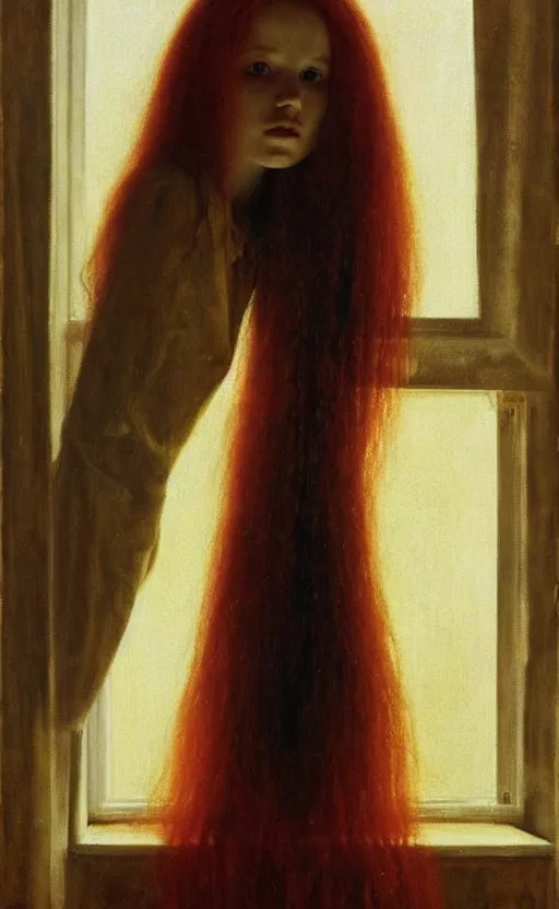 Image similar to portrait of a girl with long red hair, very beautiful style, the girl standing in a black room by the window, in a gold suit, photorealism, andrei tarkovsky maurilio manara,