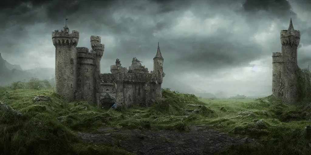 Image similar to matte painting, castle, dramatic landscape, overgrown, cinematic, overcast, interior light, rain