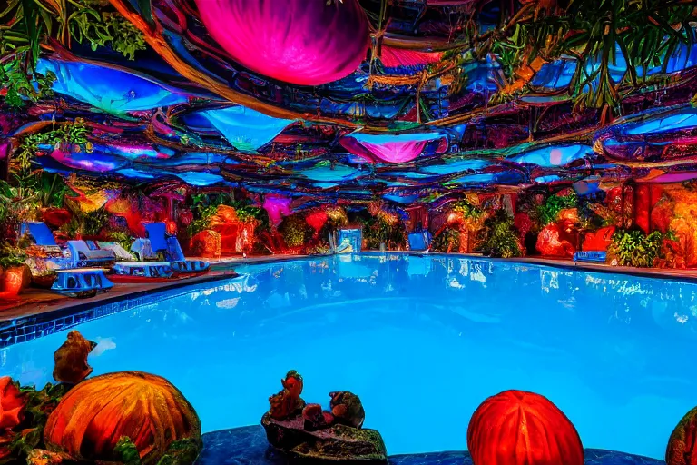 Prompt: realistic photo of giant pool inside a ornated dark planet, colorful lights, botanic