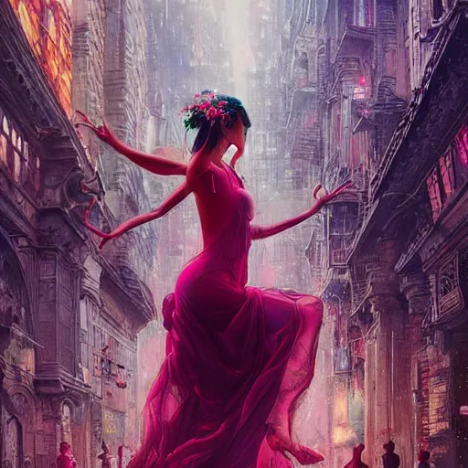 Prompt: Carmen mesmerizing a crowd with her singing, baroque ,8k,by tristan eaton,Stanley Artgermm,Tom Bagshaw,Greg Rutkowski,Carne Griffiths, Ayami Kojima, Beksinski, Giger,trending on DeviantArt,face enhance,hyper detailed,cityscape background,cybernetic, android, blade runner,full of colour,