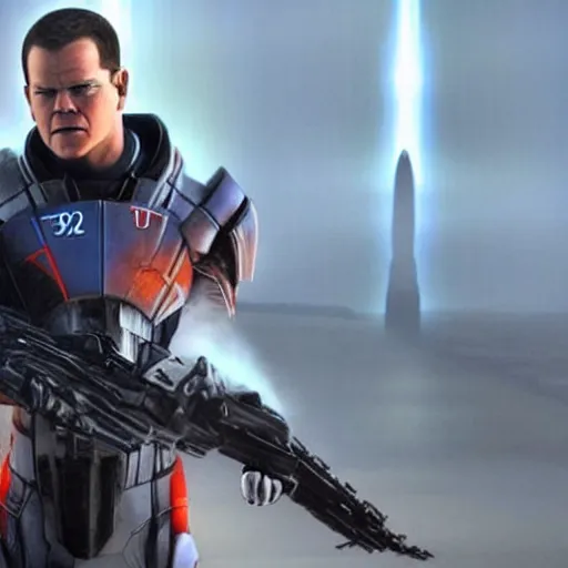 Prompt: Matt Damon as commander shepherd in mass effect