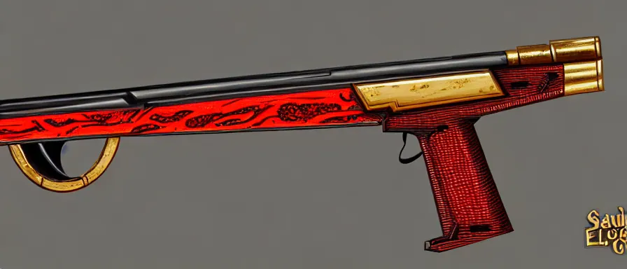 Prompt: a magical shotgun made from glossy red - painted wood and elements of gold metalwork, antique, sawed - off, double - barreled, glowing with blue elertcicity, video game concept art