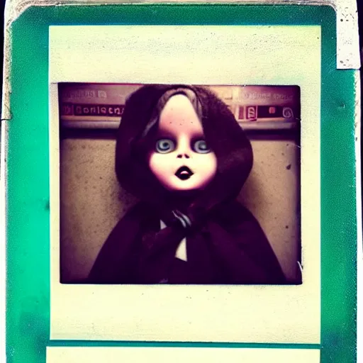 Prompt: aged polaroid photo of a scary doll in a london subway, gloomy, grainy