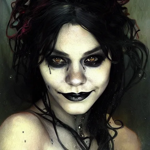 Image similar to beautiful portrait of vanessa hudgens as death from sandman, smiling, by cedric peyravernay, alphonse mucha, by jeremy mann, by lecouffe deharme, goth chic, soft lightning, eyeliner, punk rock, high detailed, 8 k