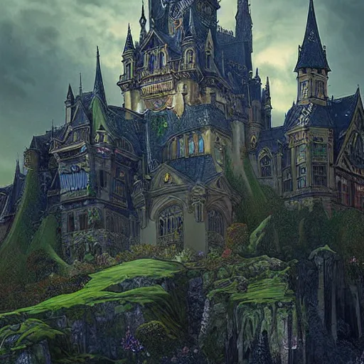 Image similar to a fantasy goth castle on hill, digital art, photorealistic, dark, smooth, sharp focus, artgerm, alphonse mucha