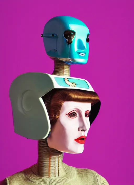 Image similar to a fashion portrait photograph of a retro robot head in the style of wes anderson, pastel hues, 35mm, pentax, studio lighting