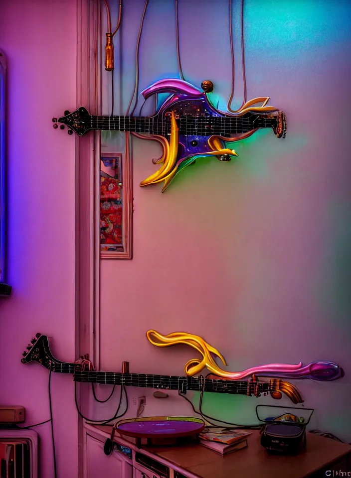 Image similar to telephoto 7 0 mm f / 2. 8 iso 2 0 0 photograph depicting the feeling of chrysalism in a cosy safe cluttered french sci - fi art nouveau cyberpunk apartment in a pastel dreamstate art cinema style. ( electric guitar ) ( ( fish tank ) ), ambient light.