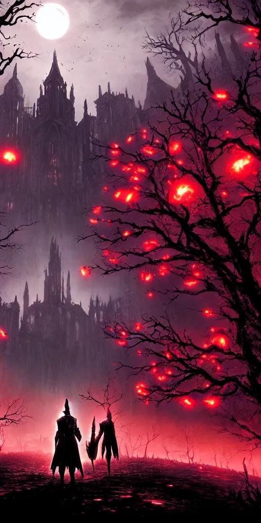 Image similar to abandoned bloodborne old valley with a obscure person at the centre and a ruined gothic city in the background, trees and stars in the background, falling red petals, epic red - orange moonlight, perfect lightning, wallpaper illustration by niko delort and kentaro miura, 4 k, ultra realistic