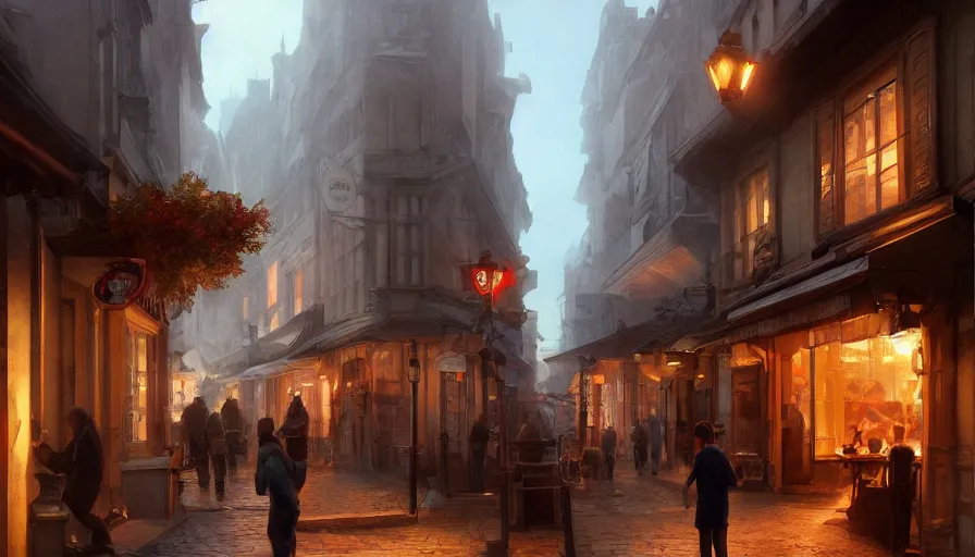 Image similar to Painting with a small european street from from cafe terrace. volumetric lighting, 4k, octane, digital painting, artstation, concept art, sharp focus, illustration, art by artgerm and greg rutkowski and alphonse mucha.