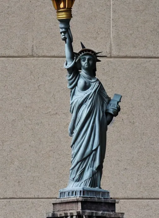 Image similar to A marble statue of a squirrel holding an acorn in the style of Statue of Liberty. museum photo