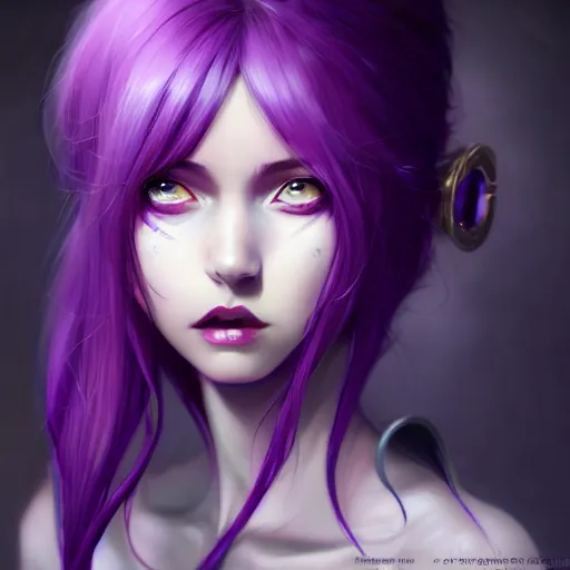 Image similar to beautiful anime woman with purple hair, a horn! on her forehead, purple eyes, a purple tuxedo, sharp focus, intricate, cell shaded, award winning photography, cinematic, digital painting, cinematic, wlop, 8 k, by ross tran, tom bagshaw