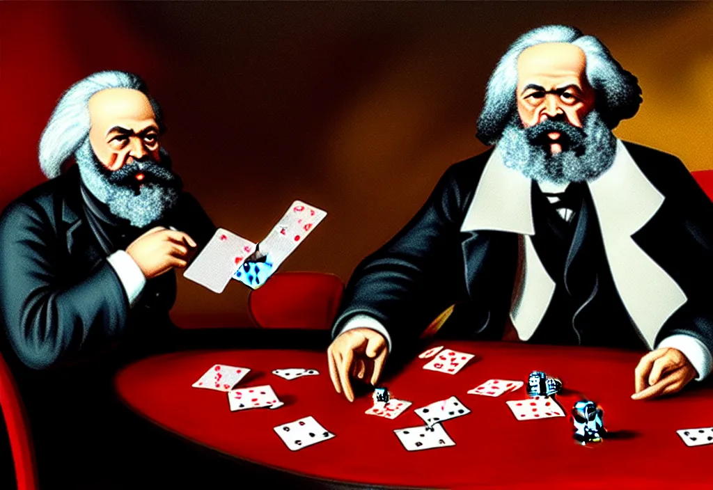 Image similar to Karl Marx playing poker against Lenine in Las Vegas, ultra HD, studio light, photorealism