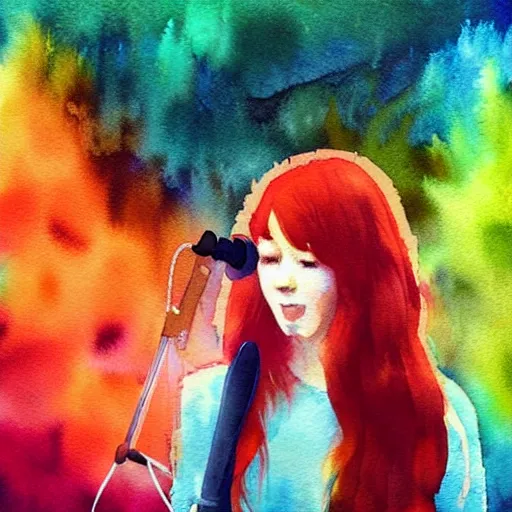 Prompt: “album cover very beautiful watercolor painting of redhead girl singing in a magic forest in a cyberpunk pixelsorting style”