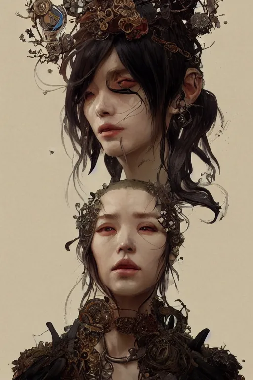 Prompt: A full portrait of a beautiful terrible dystopian junktown Japanese necromancer sorcerer enchanter, intricate, elegant, highly detailed, digital painting, artstation, concept art, smooth, sharp focus, illustration, art by Krenz Cushart and Artem Demura and alphonse mucha