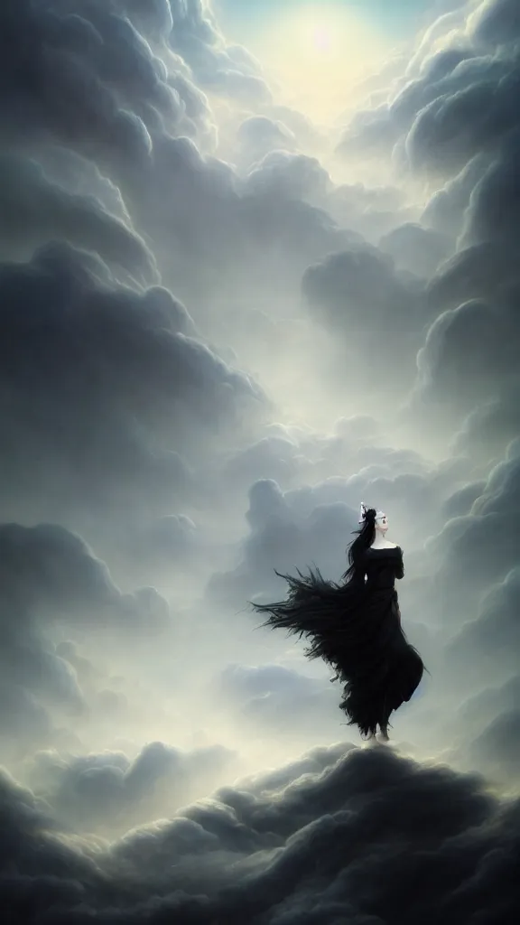 Image similar to a woman with very black hair and pale skin with a crown on her head walk on the clouds, in the style of tomasz alen kopera and fenghua zhong and peter mohrbacher, mystical colors, rim light, beautiful lighting, 8 k, stunning scene, raytracing, octane, trending on artstation,