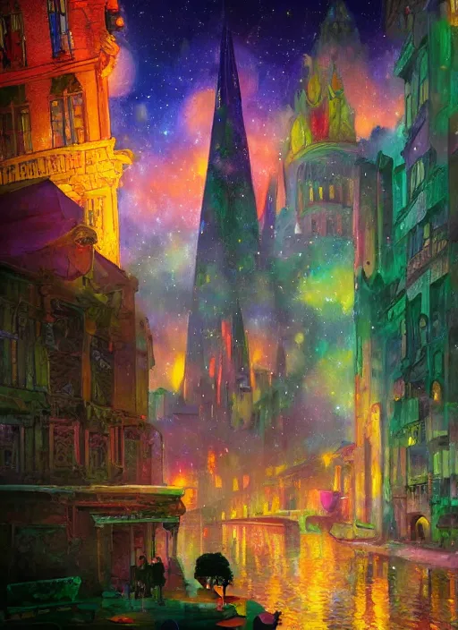 Image similar to ethereal starlit city of magic lost in time at sunset, art station, fauvism, matte painting, felix kelly, johan grenier, hd, digital painting