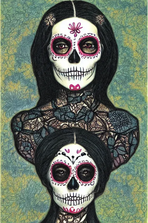 Prompt: illustration of a sugar skull day of the dead girl, art by carlos shwabe